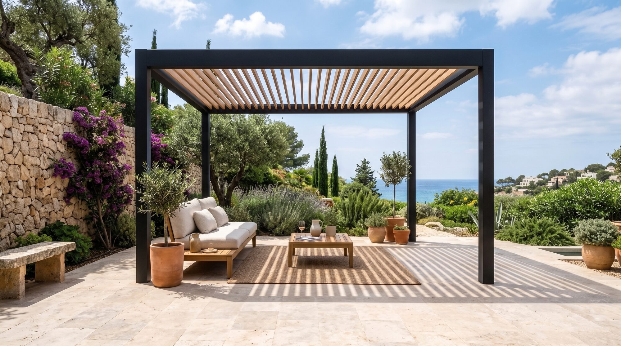Fiksna pergola z antracitnim okvirjem in lesenimi lamelami